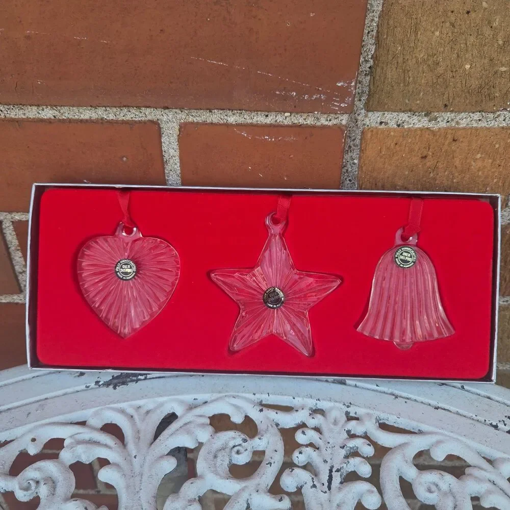Vintage Fostoria Lead Crystal Christmas Ornaments Heart Star Bell Boxed Set